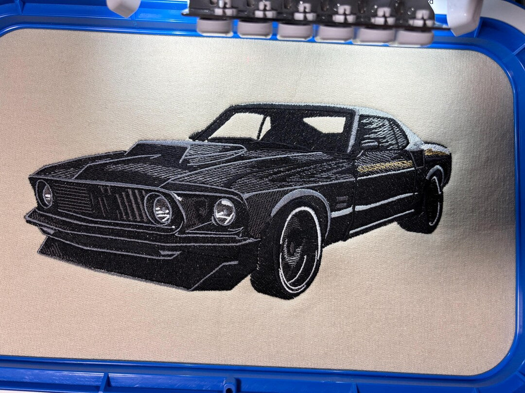 Mustang Boss embroidery design stitched example