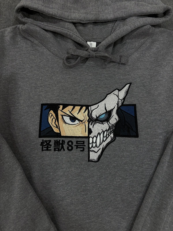 Kaiju No. 8 design embroidered on a grey hoodie, made by NF Studio