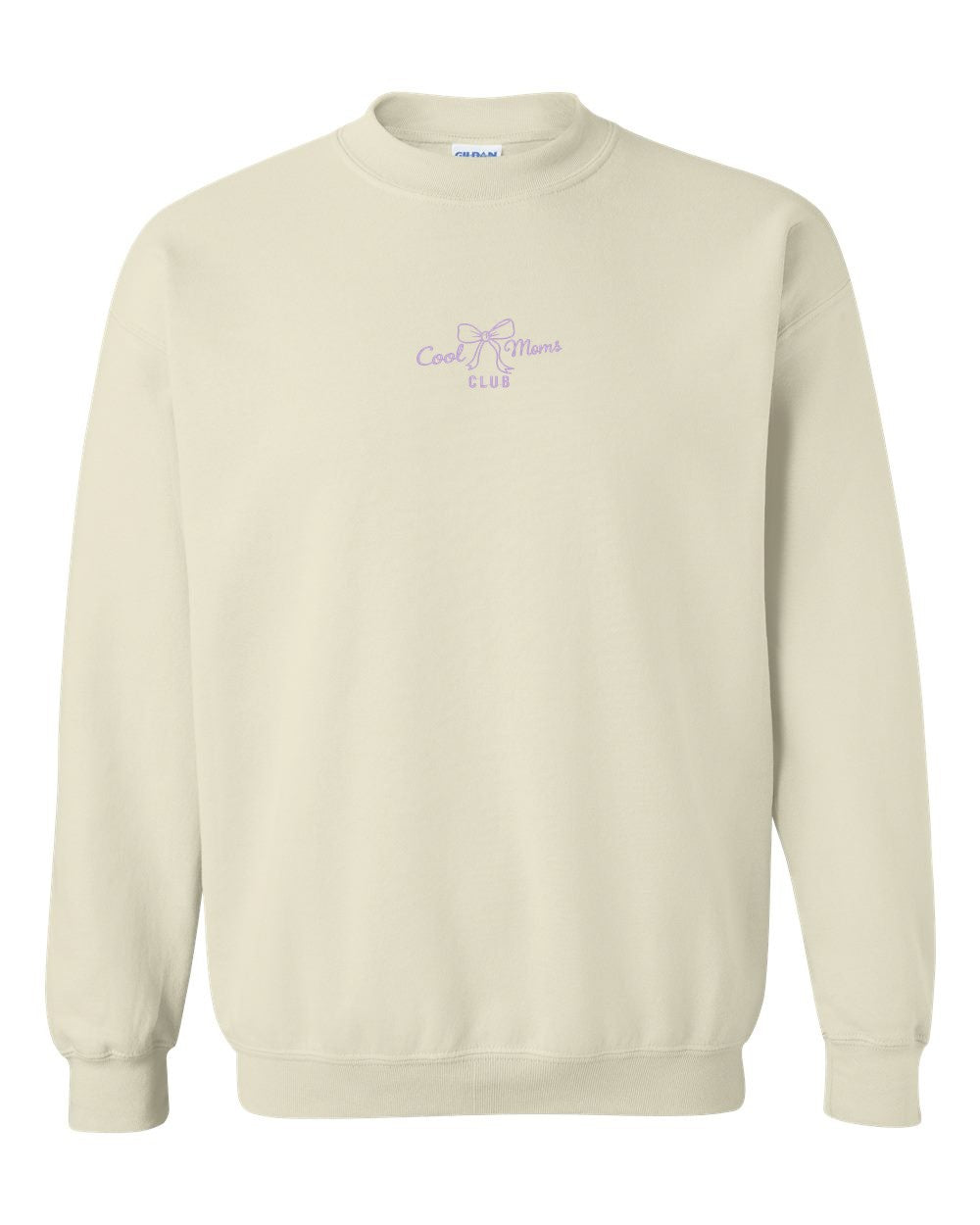 Cool Moms Club in lilac thread on a Sand Classic Crewneck
